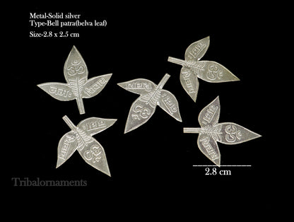 Lot of 5 solid silver handmade Belva Patra leaves for Shiva worship, featuring Shiva mantras, from Tribal Ornaments.