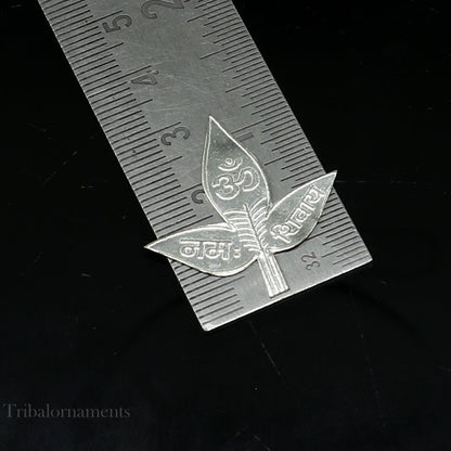 Set of 5 solid silver handmade Belva leaves for Shiva worship, featuring Shiva mantra, crafted by Tribal Ornaments.