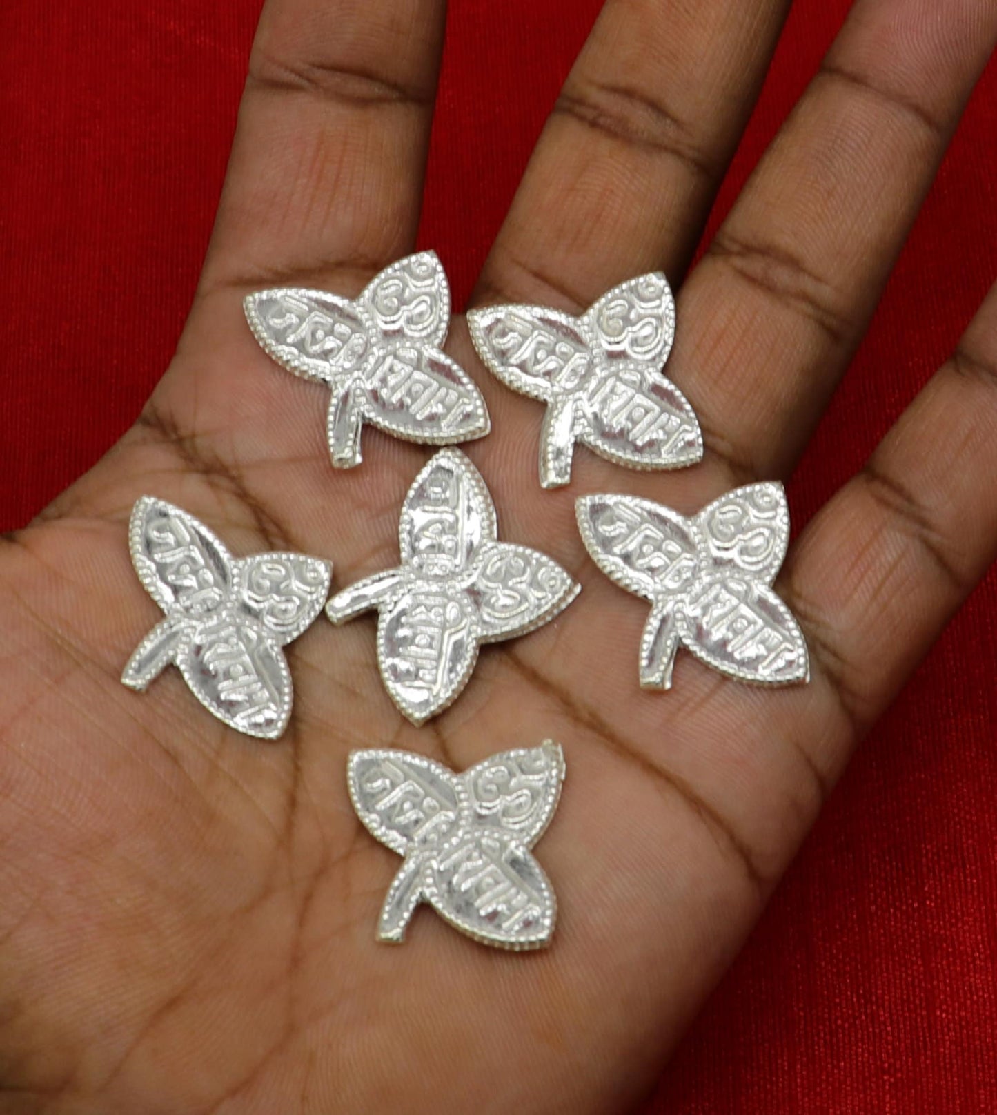 Lot 6 pieces Solid real silver handmade solid belva patra, shiva worshipping/ puja article, belpatra or belva tree leaves from india su354 - TRIBAL ORNAMENTS