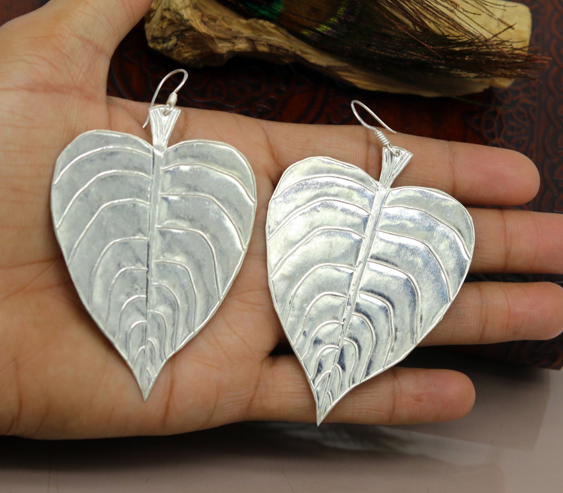 Modern fancy light weight 925 sterling silver heart shape peepal tree leaves style hoops earring customized brides earring jewelry ear489 - TRIBAL ORNAMENTS