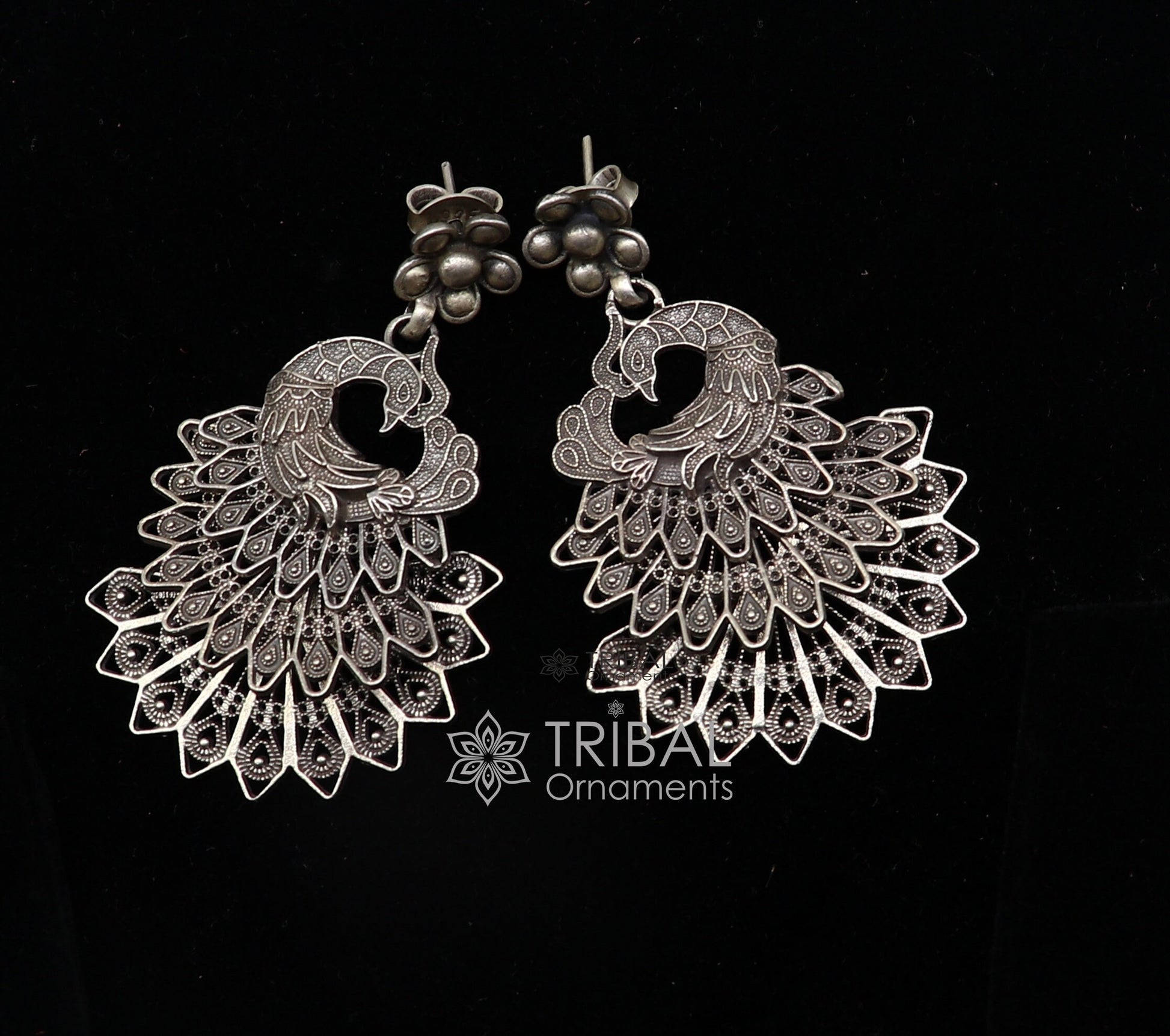 Modern trendy peacock design handmade 925 sterling silver fabulous filigree work Drop dangle stud earrings tribal ethnic jewelry india s1197 - TRIBAL ORNAMENTS
