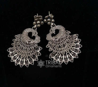 Modern trendy peacock design handmade 925 sterling silver fabulous filigree work Drop dangle stud earrings tribal ethnic jewelry india s1197 - TRIBAL ORNAMENTS