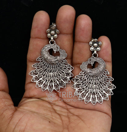 Modern trendy peacock design handmade 925 sterling silver fabulous filigree work Drop dangle stud earrings tribal ethnic jewelry india s1197 - TRIBAL ORNAMENTS