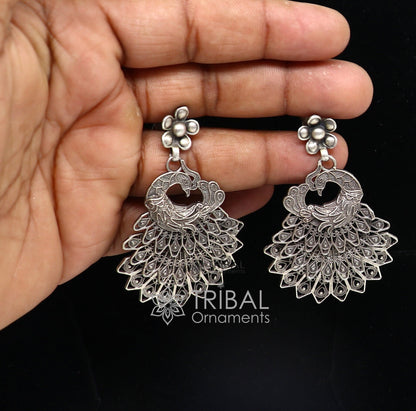 Modern trendy peacock design handmade 925 sterling silver fabulous filigree work Drop dangle stud earrings tribal ethnic jewelry india s1197 - TRIBAL ORNAMENTS