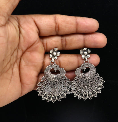 Modern trendy peacock design handmade 925 sterling silver fabulous filigree work Drop dangle stud earrings tribal ethnic jewelry india s1197 - TRIBAL ORNAMENTS