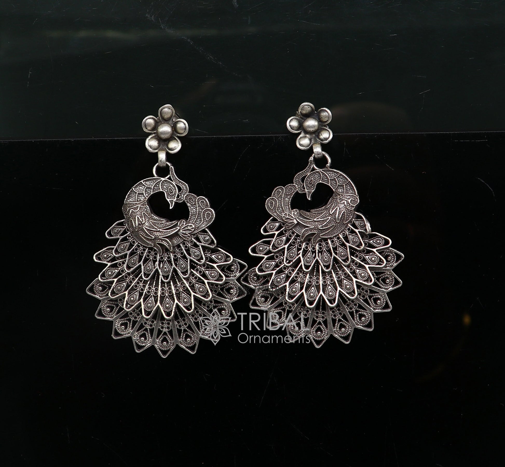 Modern trendy peacock design handmade 925 sterling silver fabulous filigree work Drop dangle stud earrings tribal ethnic jewelry india s1197 - TRIBAL ORNAMENTS