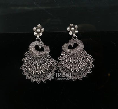 Modern trendy peacock design handmade 925 sterling silver fabulous filigree work Drop dangle stud earrings tribal ethnic jewelry india s1197 - TRIBAL ORNAMENTS