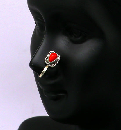 Modern trendy stylish 925 sterling silver customized single coral nose pin, best gift nose plug, clip-on nose pin, fabulous party wear np109 - TRIBAL ORNAMENTS