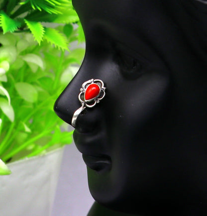 Modern trendy stylish 925 sterling silver customized single coral nose pin, best gift nose plug, clip-on nose pin, fabulous party wear np110 - TRIBAL ORNAMENTS