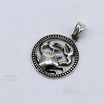 Sterling silver zodiac Cancer pendant with modern tribal design, showcasing the Kark Rashi horoscope symbol, jewelry by Tribal Ornaments.