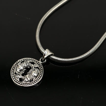Sterling silver Pisces zodiac sign pendant featuring the "Meen Rashi" symbol, trendy horoscope jewelry with a unique design.