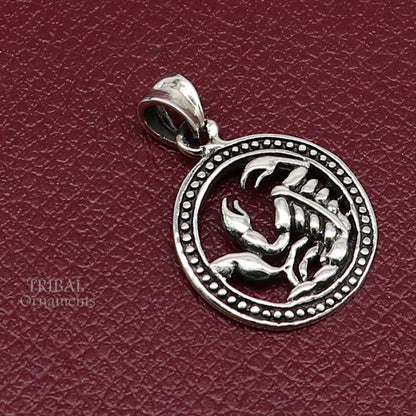 Sterling silver Scorpio zodiac pendant featuring the Vrischik Rashi symbol, tribal design jewelry by TRIBAL ORNAMENTS.