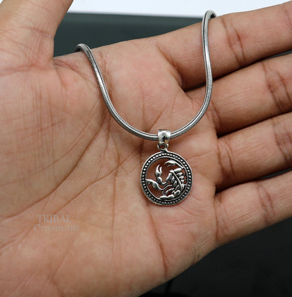 Sterling silver Scorpio zodiac sign pendant with tribal-inspired design, featuring the "Vrischik Rashi" symbol for astrology jewelry.