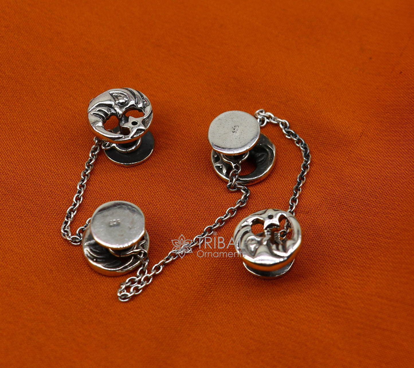 Moon and star design 925 Sterling Silver set of 4 kurta Buttons for Fashion Perfection, silver cufflinks, cultural trendy jewelry btn46 - TRIBAL ORNAMENTS