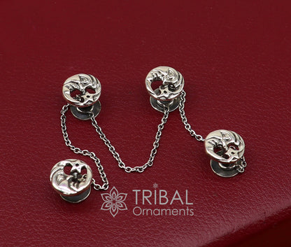 Moon and star design 925 Sterling Silver set of 4 kurta Buttons for Fashion Perfection, silver cufflinks, cultural trendy jewelry btn46 - TRIBAL ORNAMENTS