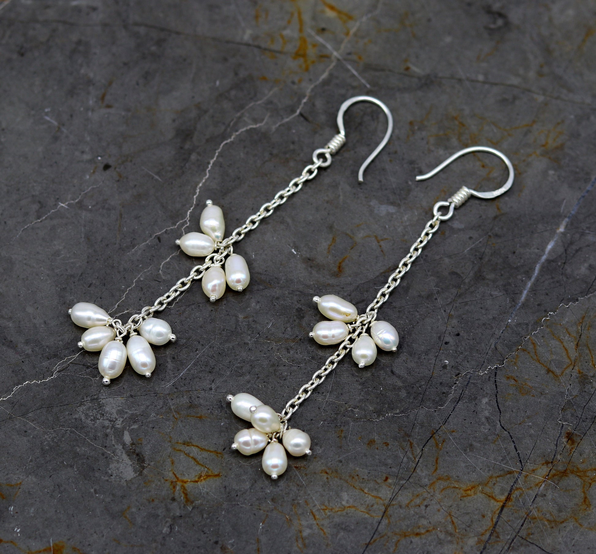 Natural oval shape pearl hangings earrings by TRIBAL ORNAMENTS, 925 sterling silver customized hoops, elegant bride jewelry.