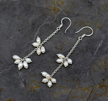 Natural oval shape pearl hangings earrings by TRIBAL ORNAMENTS, 925 sterling silver customized hoops, elegant bride jewelry.