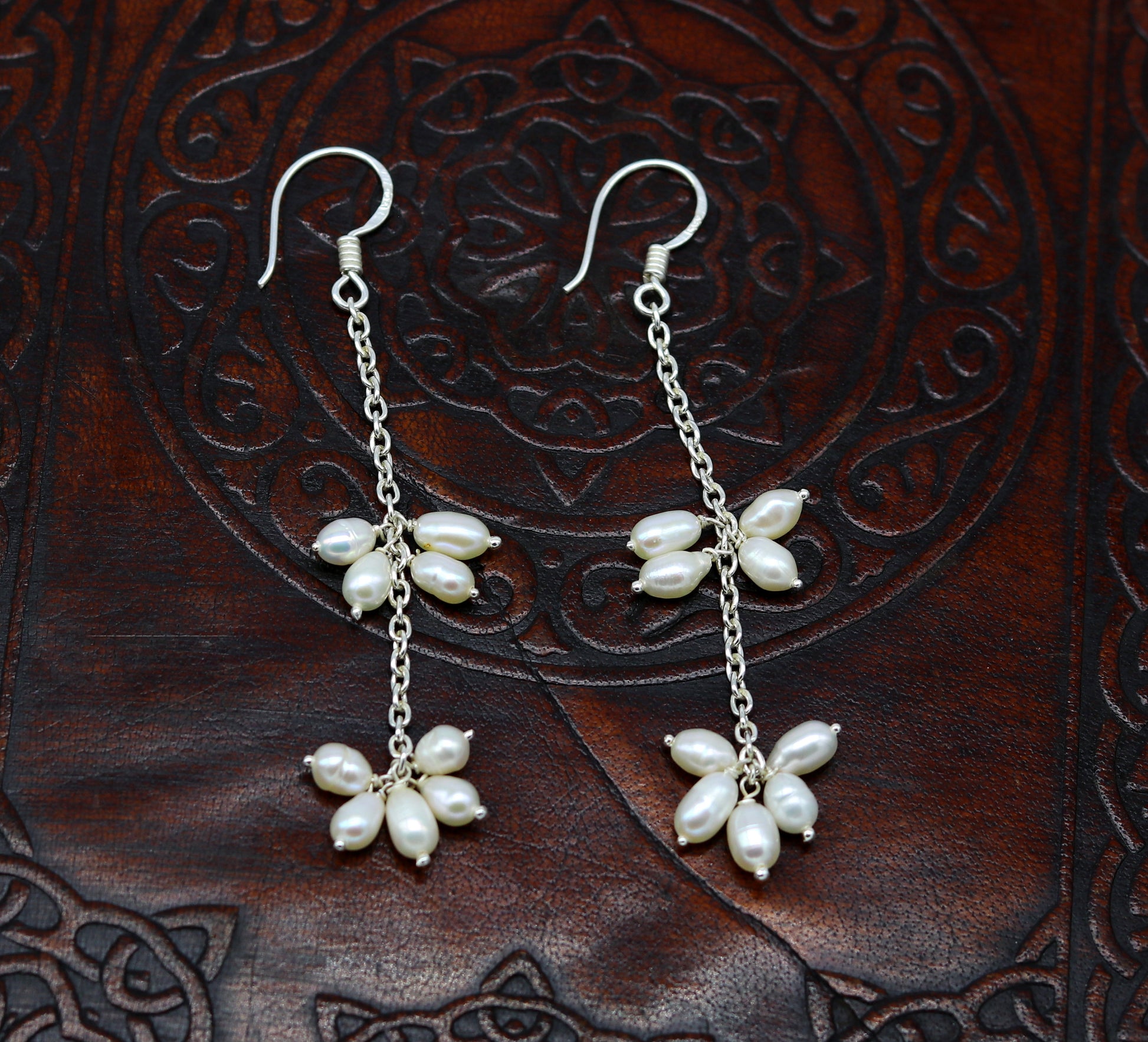 Natural oval shape pearl hangings earrings in 925 sterling silver, customized hoops, elegant bridal and fashion jewelry by TRIBAL ORNAMENTS.