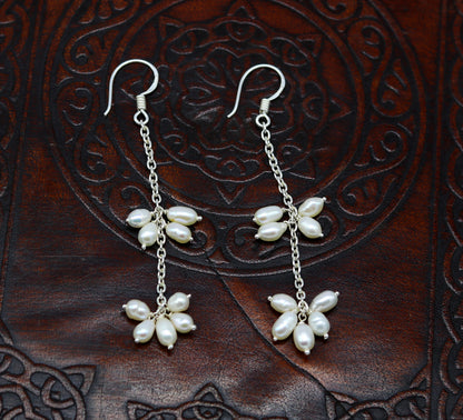 Natural oval shape pearl hangings earrings in 925 sterling silver, customized hoops, elegant bridal and fashion jewelry by TRIBAL ORNAMENTS.