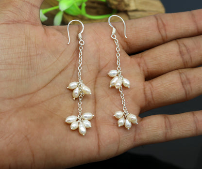 Natural oval-shaped pearl hangings in 925 sterling silver, customized hoops earring by TRIBAL ORNAMENTS for brides and fashion jewelry