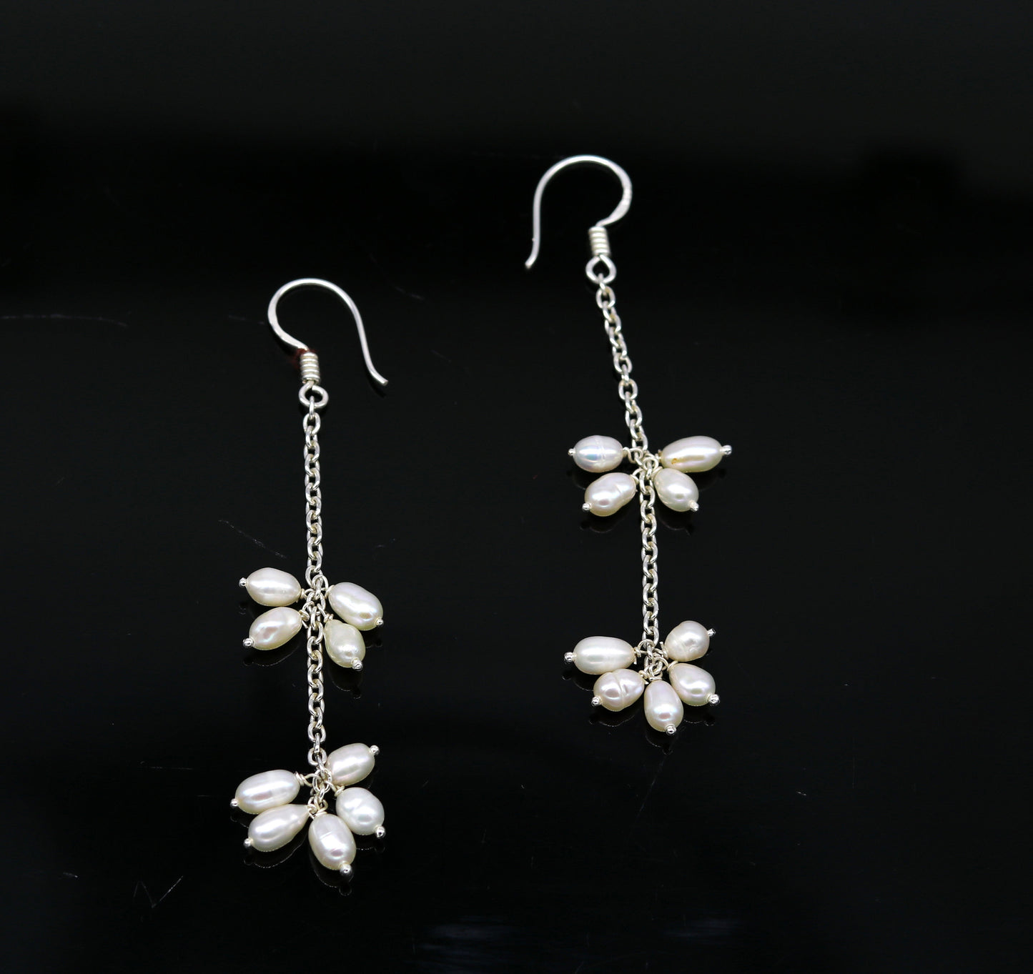 Natural oval-shaped pearl hangings earrings in 925 sterling silver, customized hoops by TRIBAL ORNAMENTS for brides and fashion jewelry