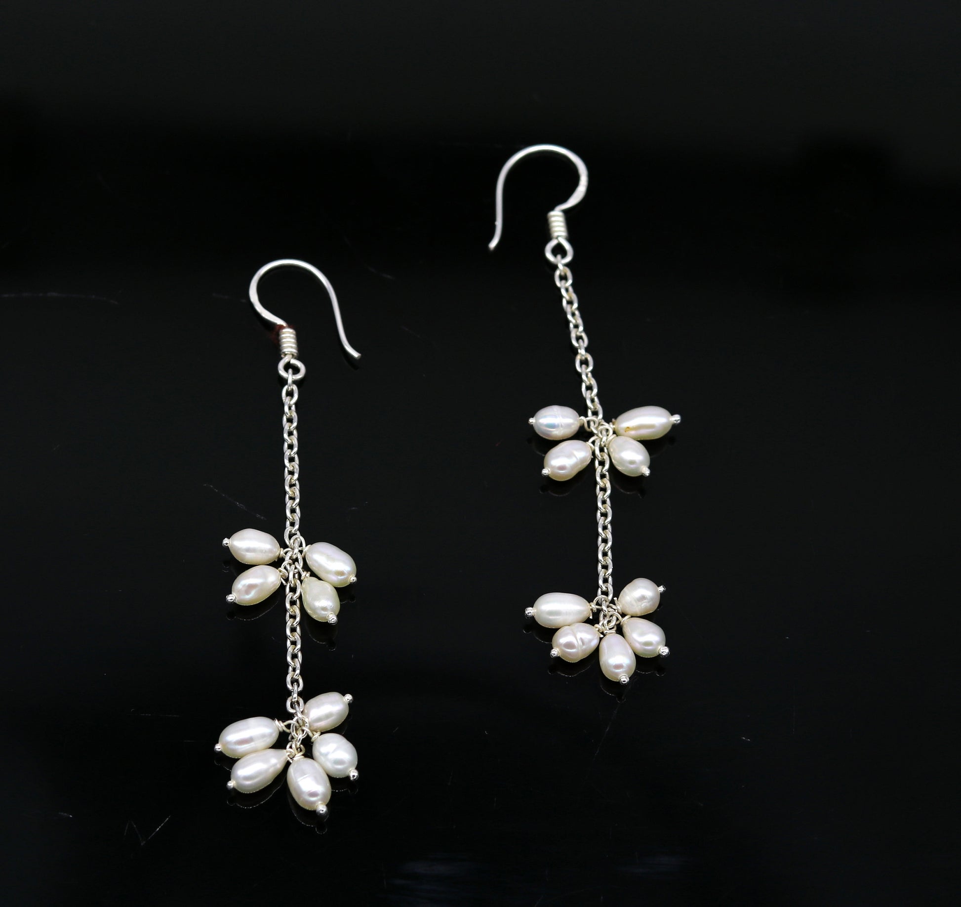 Natural oval-shaped pearl hangings earrings in 925 sterling silver, customized hoops by TRIBAL ORNAMENTS for brides and fashion jewelry