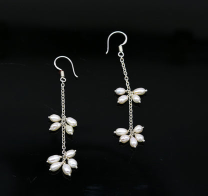 Natural oval-shaped pearl hangings earrings in 925 sterling silver, customized hoops by TRIBAL ORNAMENTS for brides and fashion jewelry