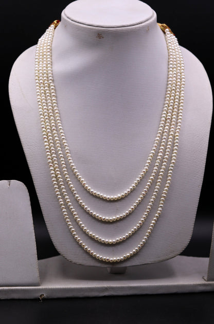 Natural real pearl four-line layered necklace set by TRIBAL ORNAMENTS, ideal for wedding or daily wear, featuring 4mm pearls.