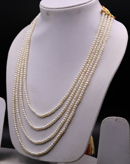 Natural real pearl 4mm layered necklace set by TRIBAL ORNAMENTS, ideal for wedding or daily wear, featuring four elegant pearl strands.