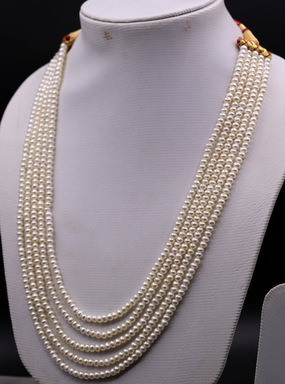 Natural real pearl five-line layered necklace set by Tribal Ornaments, ideal for wedding or daily wear, featuring elegant Indian design.