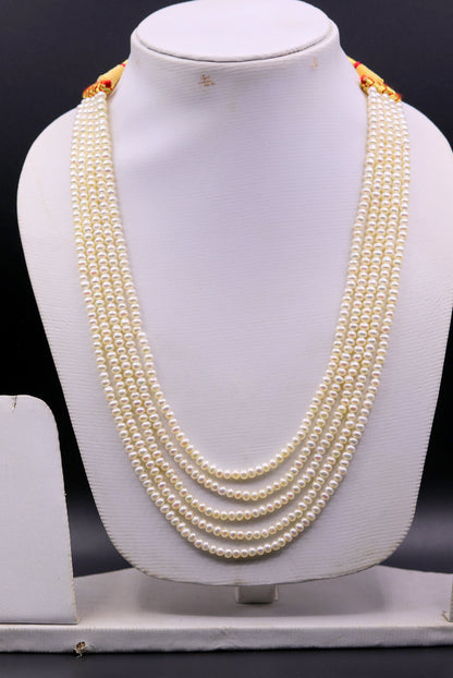 Natural real pearl five-line layered necklace set by Tribal Ornaments, ideal for wedding or daily wear, featuring Indian-inspired jewelry.