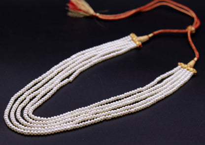 Natural real pearl five-line layered necklace set from Tribal Ornaments, perfect for wedding or daily wear, Indian jewelry style.