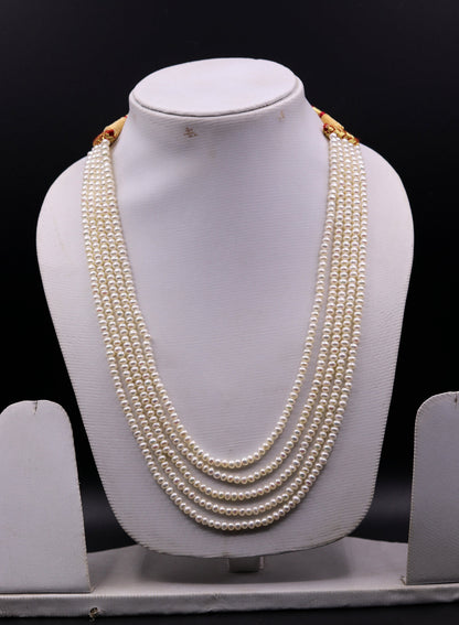 Natural real pearl five-line layered necklace set by TRIBAL ORNAMENTS, perfect for wedding or daily wear, featuring elegant Indian jewelry design.