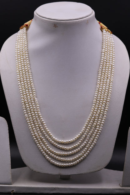 Natural real pearl five-line layered necklace set by Tribal Ornaments, suitable for wedding or daily wear, with intricate design.