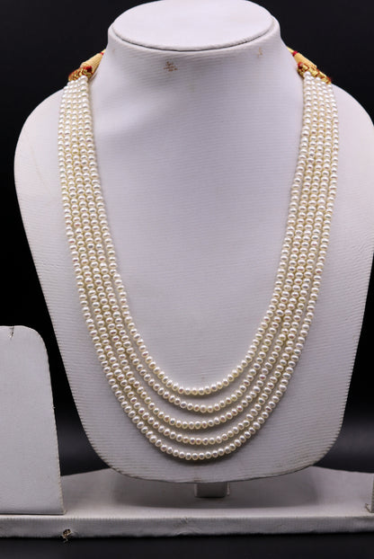 Natural real pearl five-line layered necklace set from Tribal Ornaments, perfect for wedding or daily wear jewelry in India.