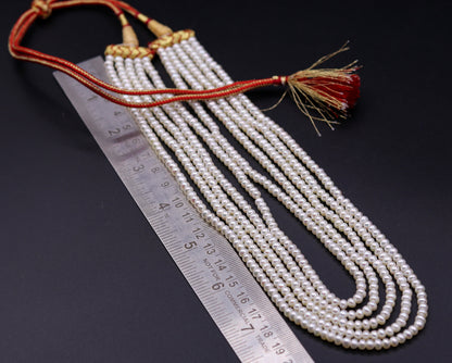 Natural real pearl five-line layered necklace set by Tribal Ornaments, ideal for wedding or daily wear, featuring traditional Indian jewelry design