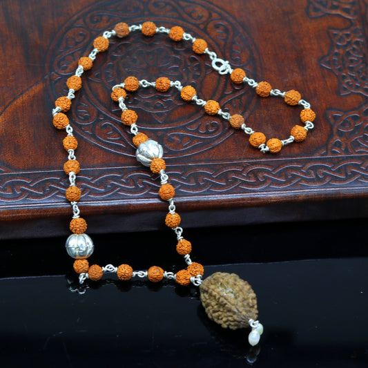 Natural rudraksha beads 20" long necklace, sterling silver chain necklace tribal customized personalized necklace unisex jewelry set127 - TRIBAL ORNAMENTS