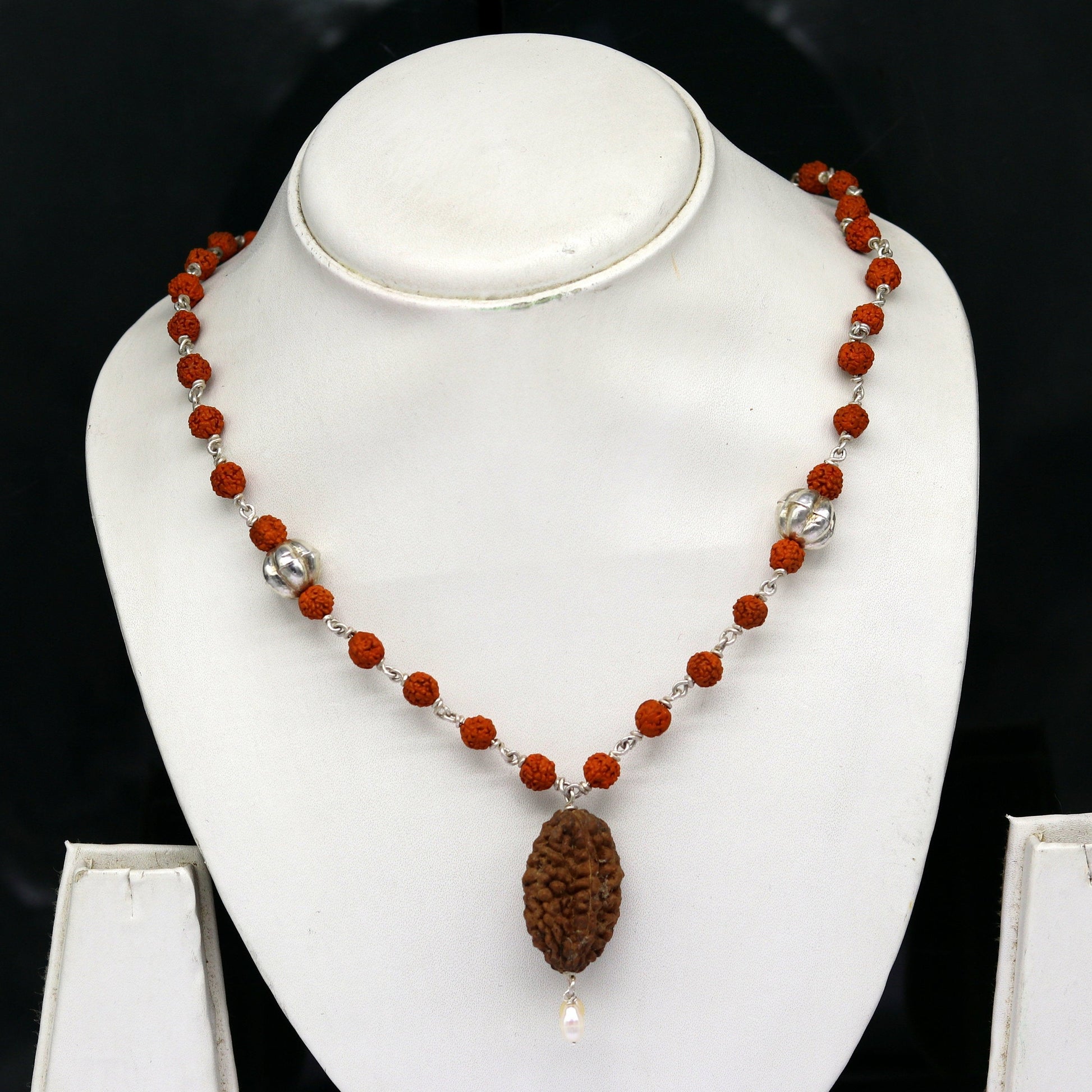 Natural rudraksha beads 20" long necklace, sterling silver chain necklace tribal customized personalized necklace unisex jewelry set127 - TRIBAL ORNAMENTS