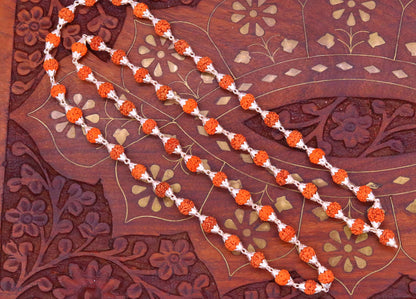 Sterling silver handmade Rudraksha beads chain necklace with 54+1 beads, unisex jappmala jewelry, perfect for gifting.