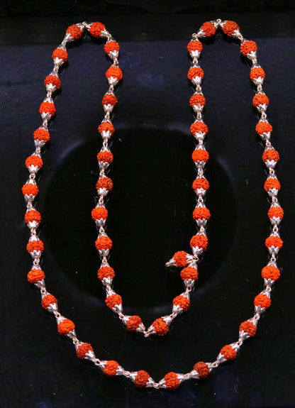 Sterling silver handmade Rudraksha beads chain necklace with 54+1 beads, unisex japa mala, tribal ornament jewelry.