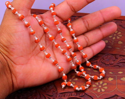 Sterling silver handmade Rudraksha bead chain necklace with 54+1 beads, unisex jewelry, tribal ornament, perfect for gifting.