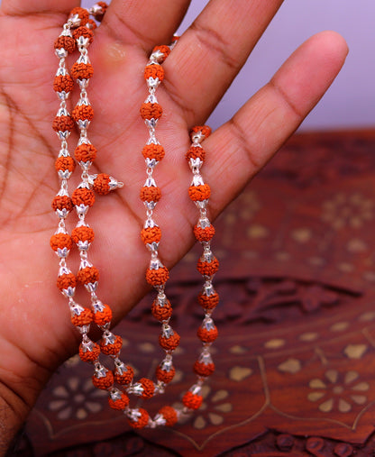 Sterling silver handmade Rudraksha beads chain necklace with 54+1 beads, unisex jappmala jewelry, tribal ornament style.