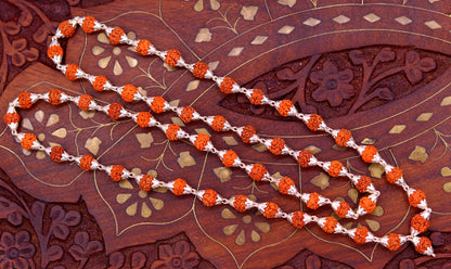 Sterling silver handmade Rudraksha beads chain necklace with 54+1 beads, unisex jappmala jewelry, crafted by TRIBAL ORNAMENTS.