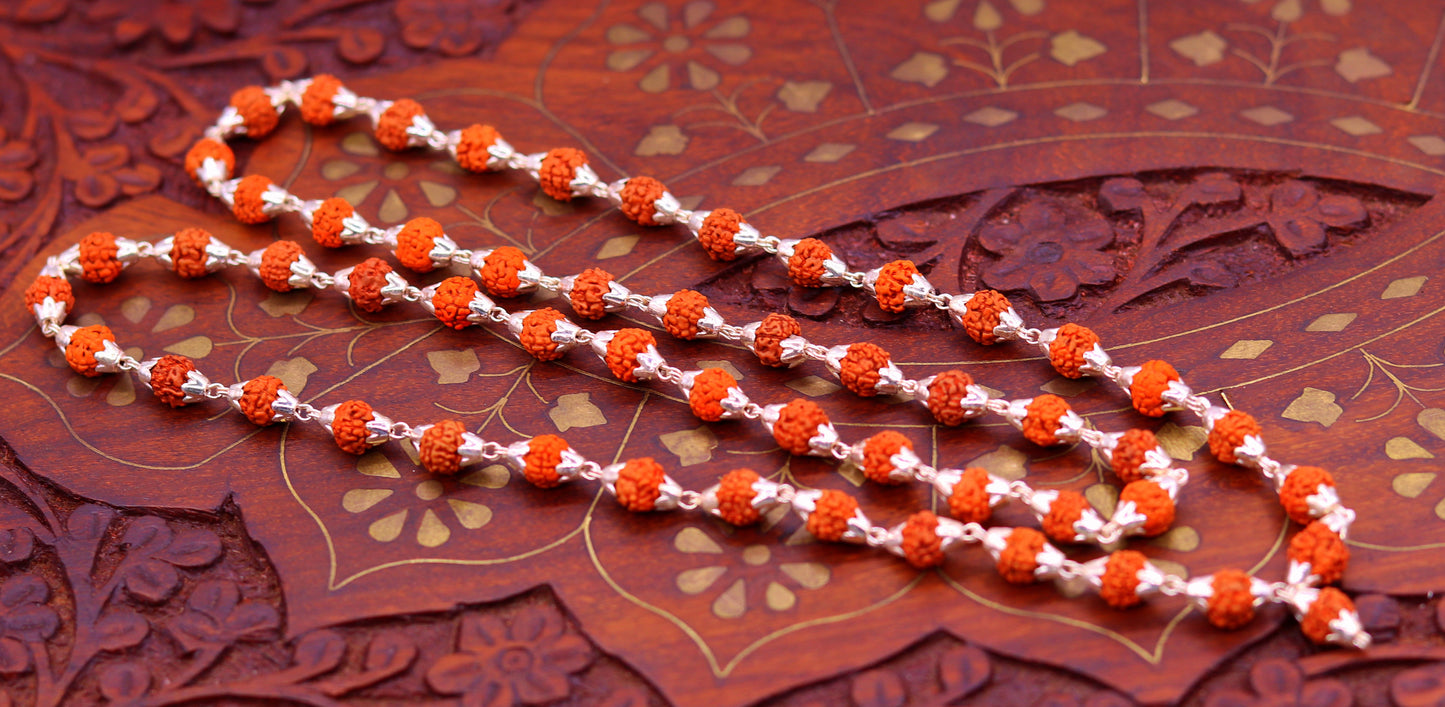 Natural rudraksha beads or seeds Sterling silver handmade 54+1 Rudraksha beads chain necklace jappmala excellent gifting unisex jewelry ch60 - TRIBAL ORNAMENTS