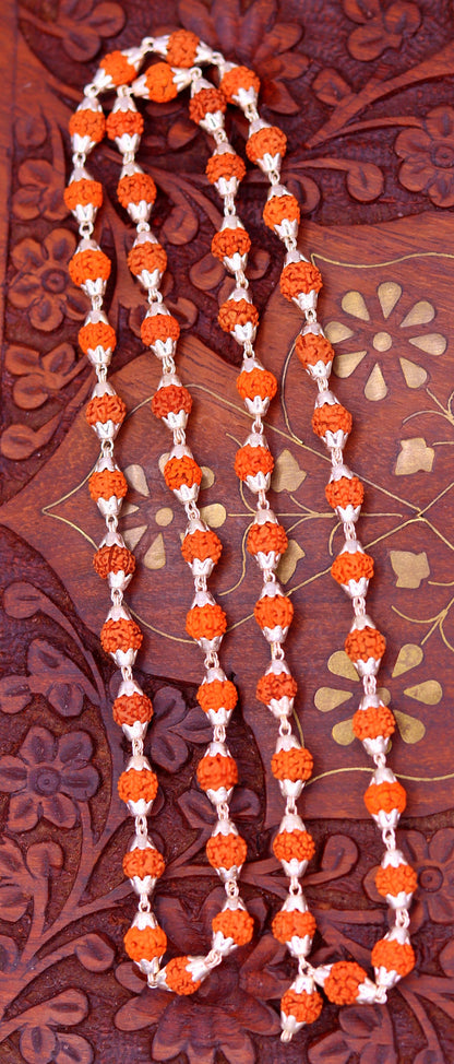 Sterling silver handmade Rudraksha beads chain necklace with 54+1 beads, unisex jappmala jewelry by Tribal Ornaments.