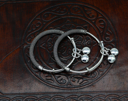 925 sterling silver adjustable charm baby bangles by TRIBAL ORNAMENTS, featuring oxidized silver design for newborn kids jewelry.