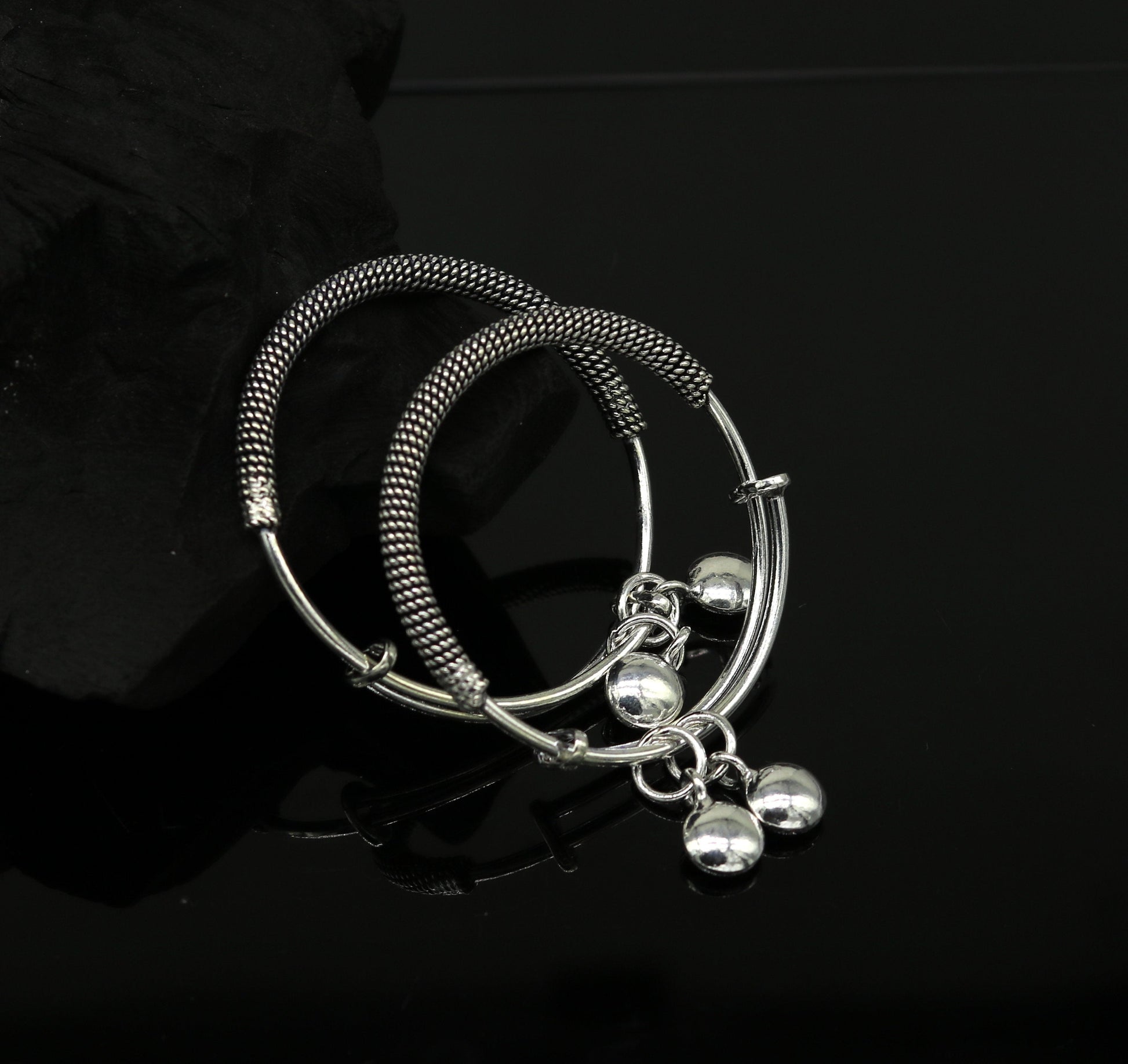New fancy stylish 925 sterling silver adjustable charm baby bangles kada, silver new born kids jewelry, pretty gifts oxidized jewelry bbk66 - TRIBAL ORNAMENTS