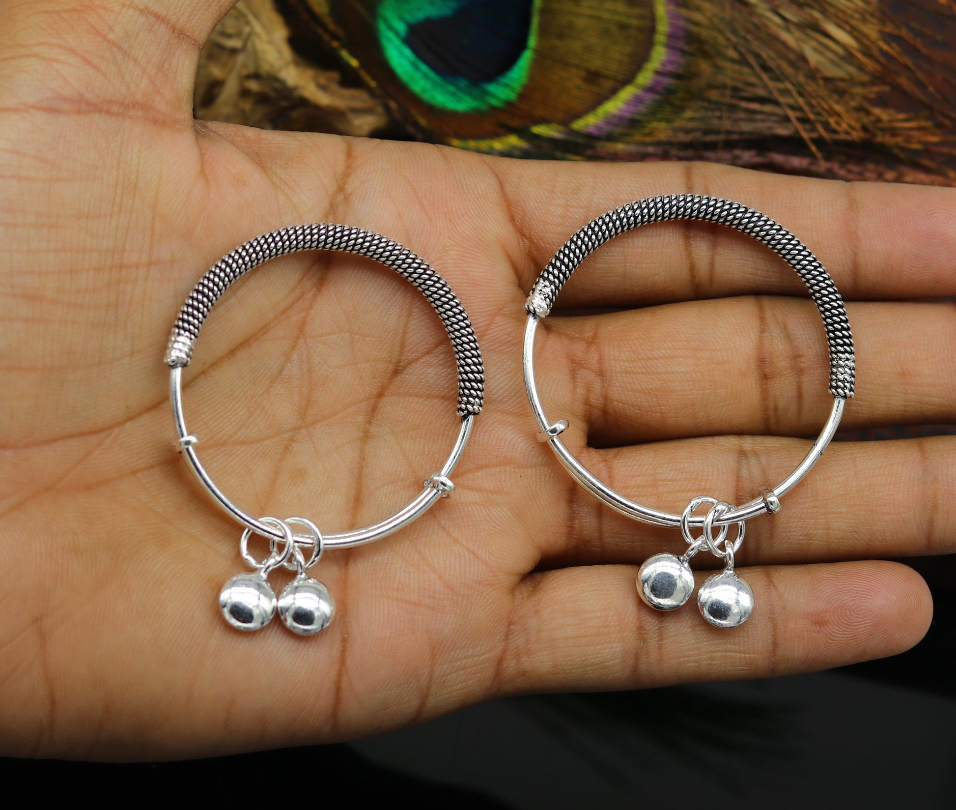 New fancy stylish 925 sterling silver adjustable charm baby bangles kada, silver new born kids jewelry, pretty gifts oxidized jewelry bbk66 - TRIBAL ORNAMENTS