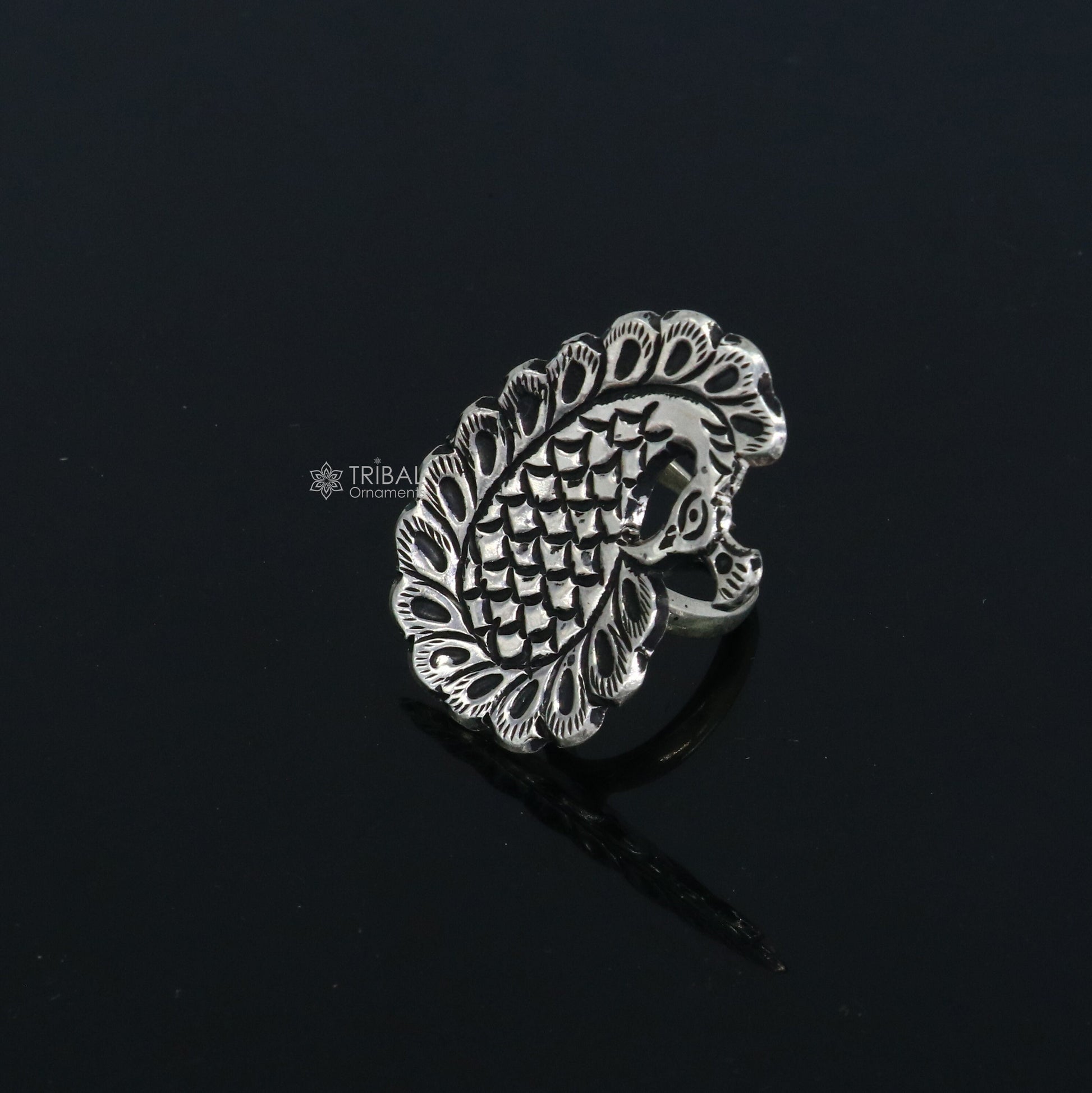 Peacock design Indian Classical cultural 925 sterling silver adjustable ring, best tribal ethnic jewelry Navratri jewelry sr395 - TRIBAL ORNAMENTS