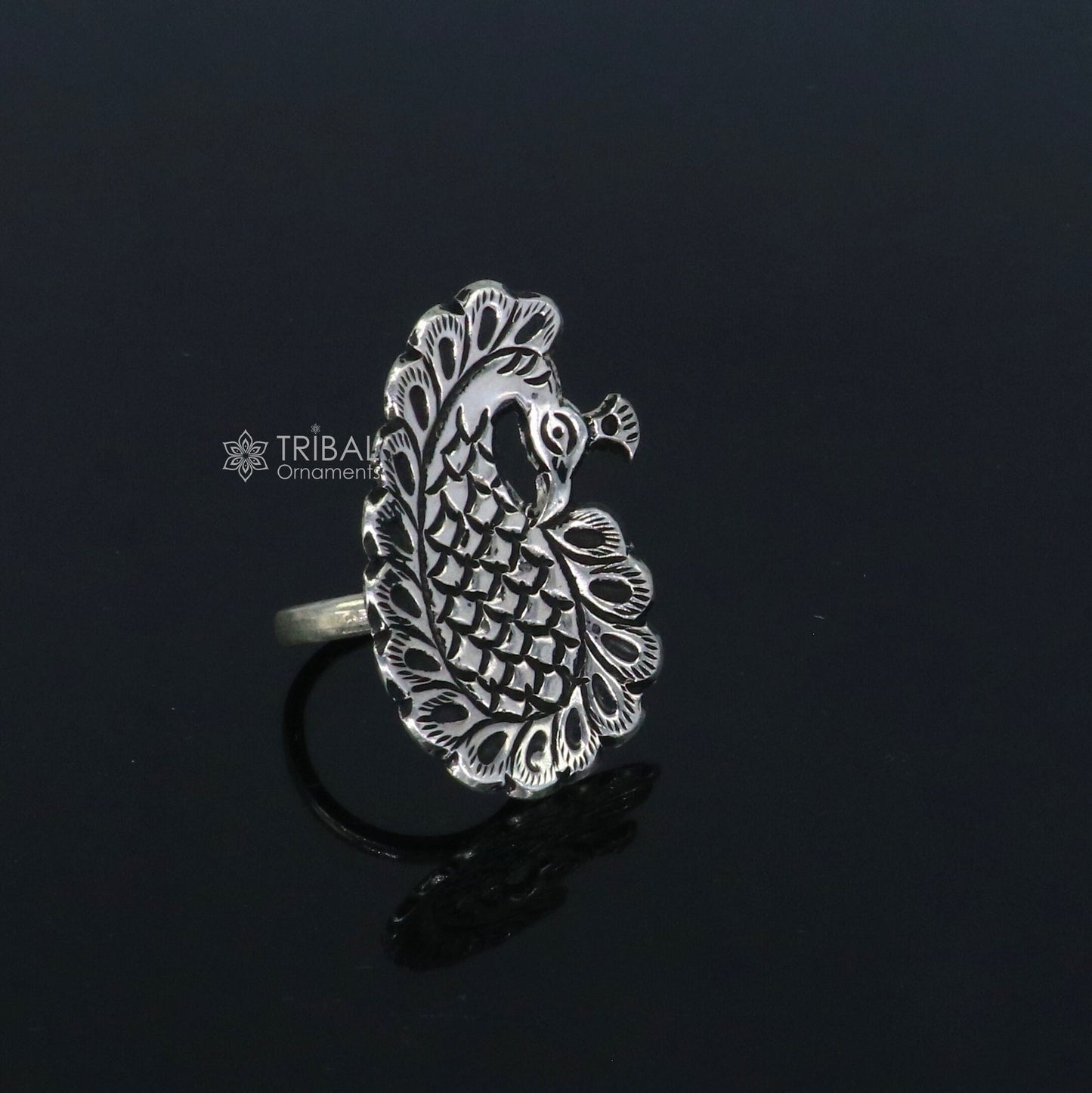Peacock design Indian Classical cultural 925 sterling silver adjustable ring, best tribal ethnic jewelry Navratri jewelry sr395 - TRIBAL ORNAMENTS